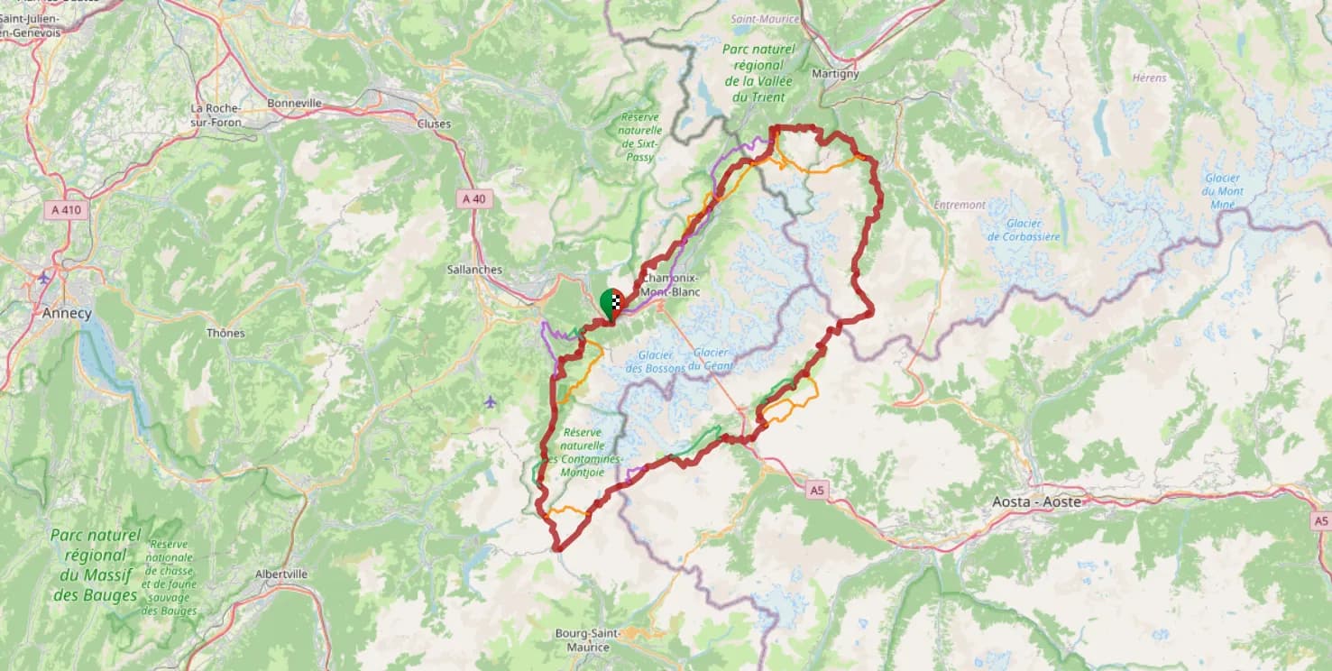 Carte du Tour du Mont-Blanc à travers la France, l’Italie et la Suisse